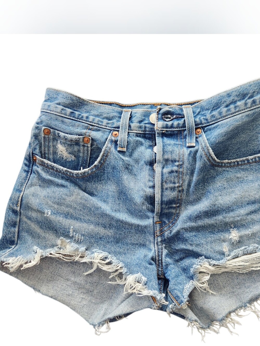 Levi's 501 Cut Off Blue Denim Shorts Distressed Frayed Button Fly Women Size 26 - Picture 5 of 13